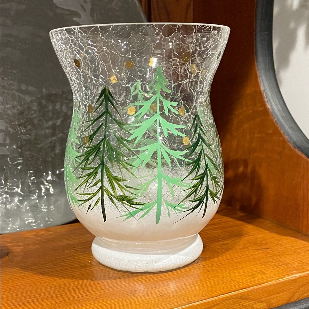 Crackle Glass Vase with Green Tree Design
